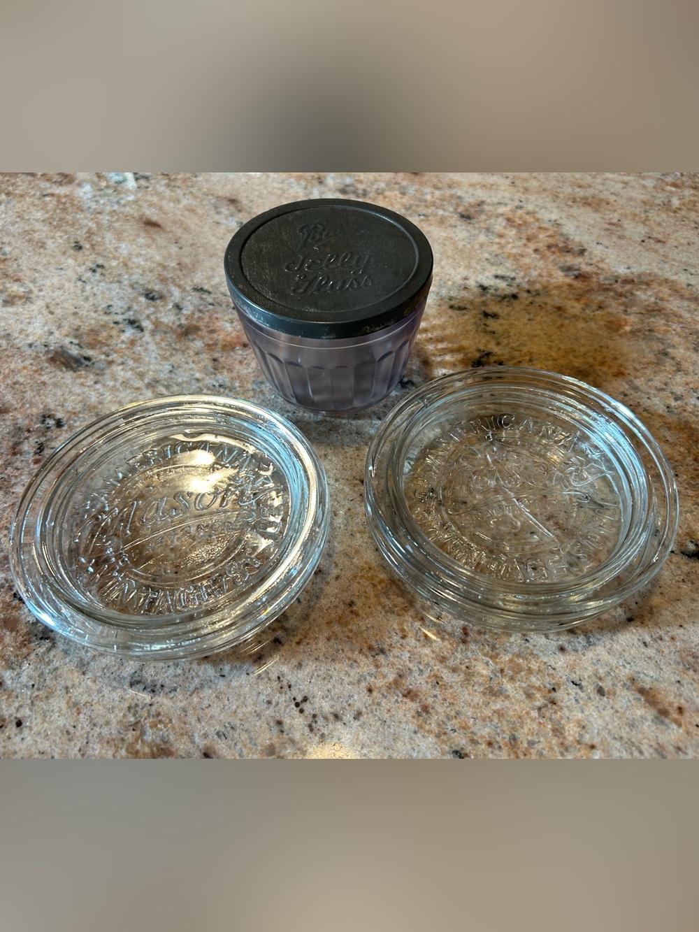 (4)Mason Jar Glass Coasters 4.25” + Vintage Purple Ball Jelly Glass Metal Sealed - Picture 5 of 9